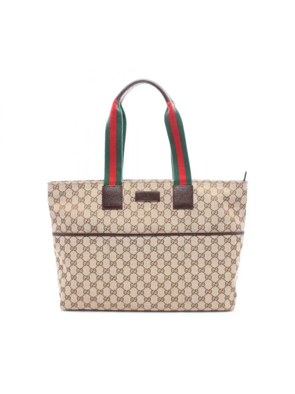 Gucci Tote Bag Webbing Line Beige Brown Green Canvas Leather Sherry